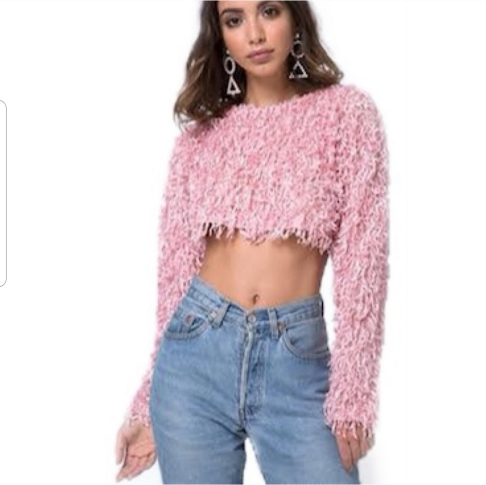 Fuzzy cropped sweater crop top furry designer pink